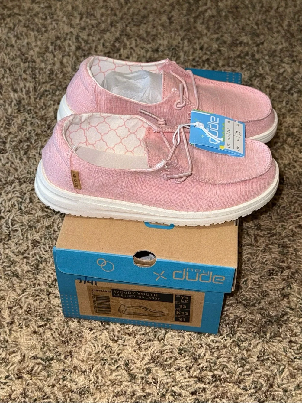 HEY DUDE Wendy Linen Cotton Candy Casual Pink Shoes Girls Youth Size Y1 NEW